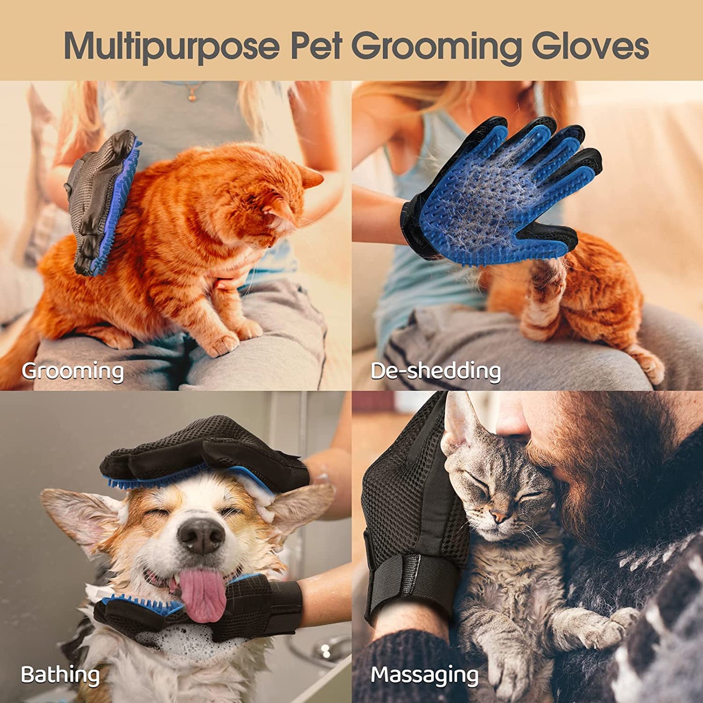 Gentle Deshedding Dog Brush Glove Pet Hair Remover Gloves for Cat and Dogs