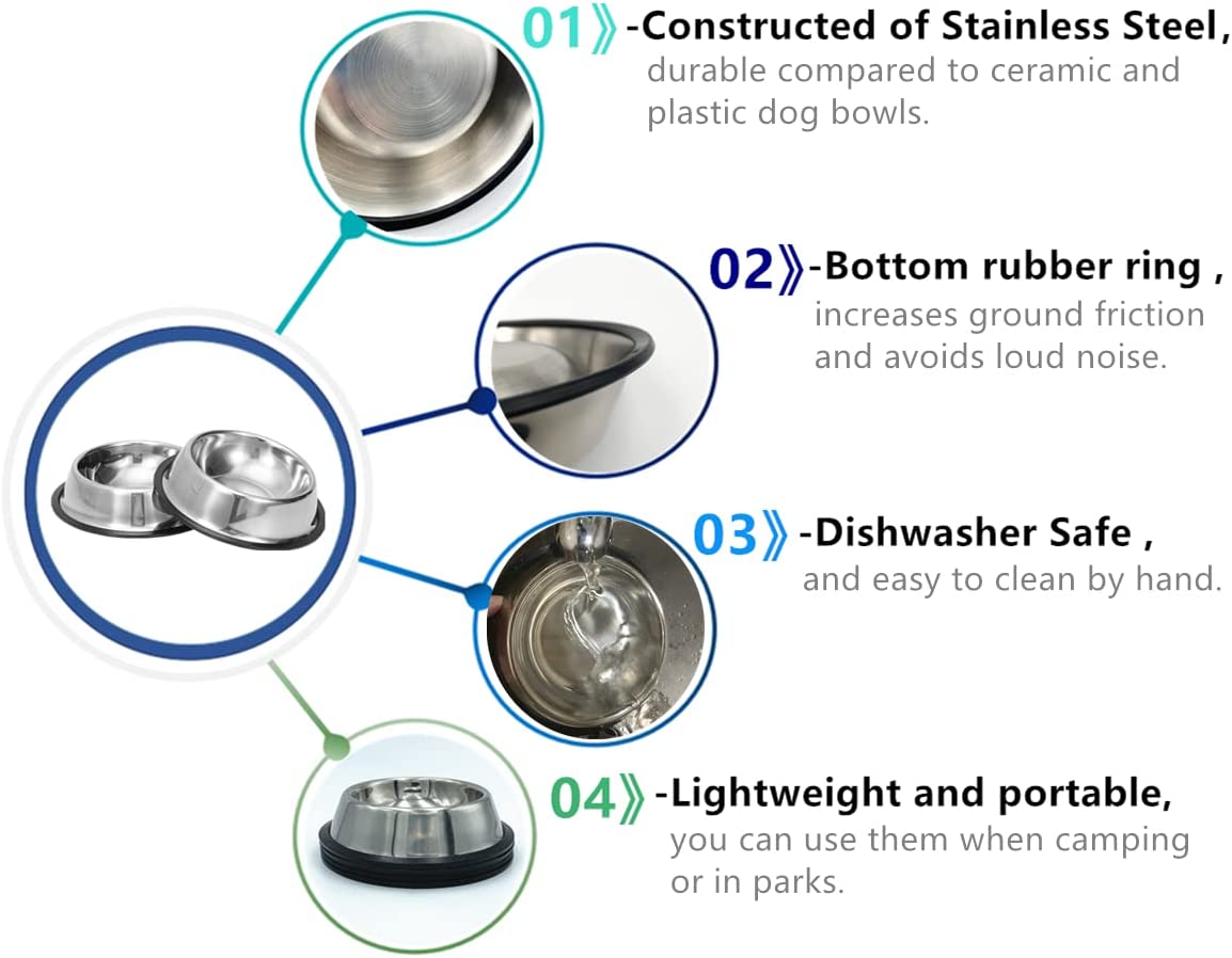 2Packs Stainless Steel Dog Bowl with Anti-Skid Rubber Base for Dog Puppy Cat and Kitten