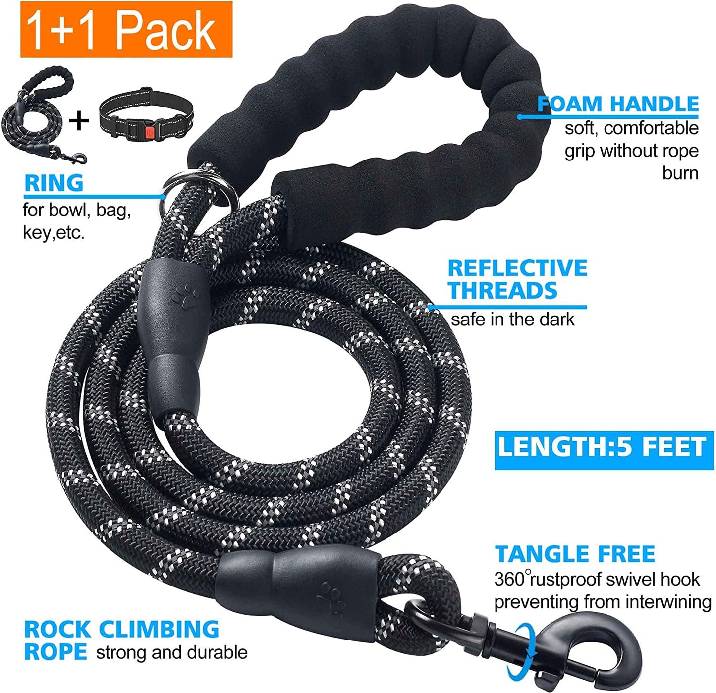 Dog Leash with Comfortable Padded Handle Dog Collar with Leash 5 ft Long for Small Medium Large Dogs