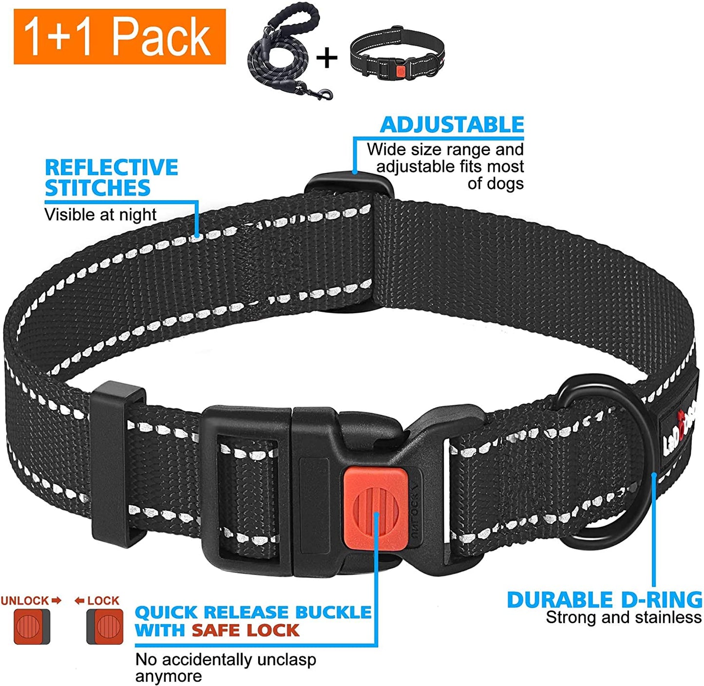 Dog Leash with Comfortable Padded Handle Dog Collar with Leash 5 ft Long for Small Medium Large Dogs