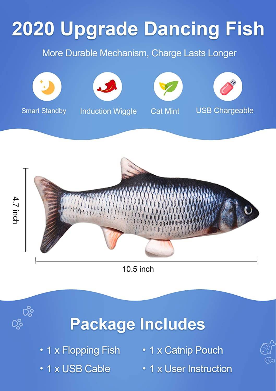 Moving Cat Kicker Fish Toy/Dimensions