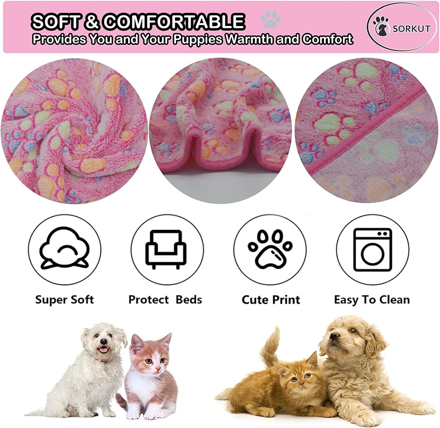 3 Puppy Blankets Super Soft Warm Sleep Mat Paw Print Blanket Pet Blanket Flannel Throw for Dogs Puppy Cat
