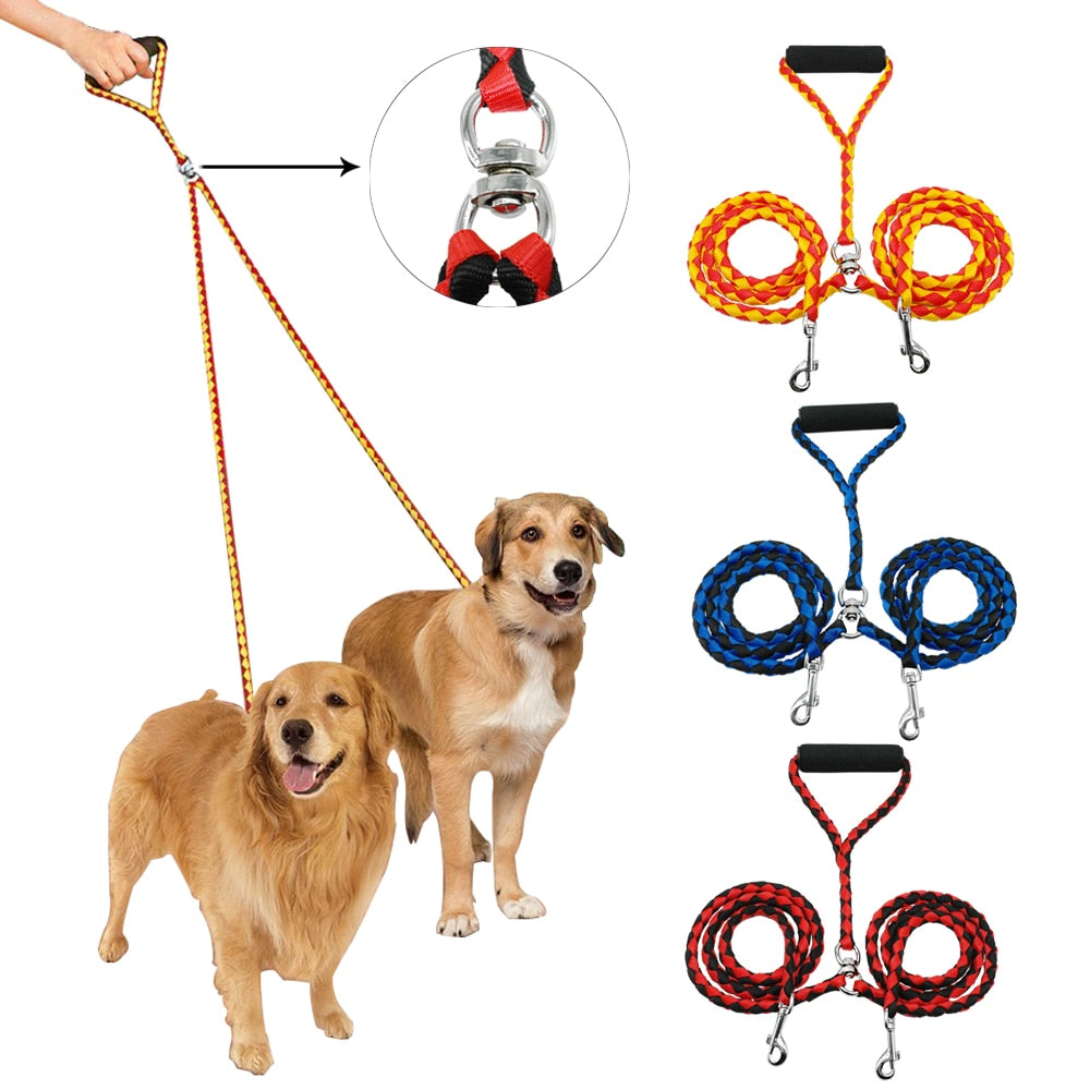 Powerful Double Dog Leash 2 in 1 Braided Nylon Dual Dog Leash Double Lead Rope