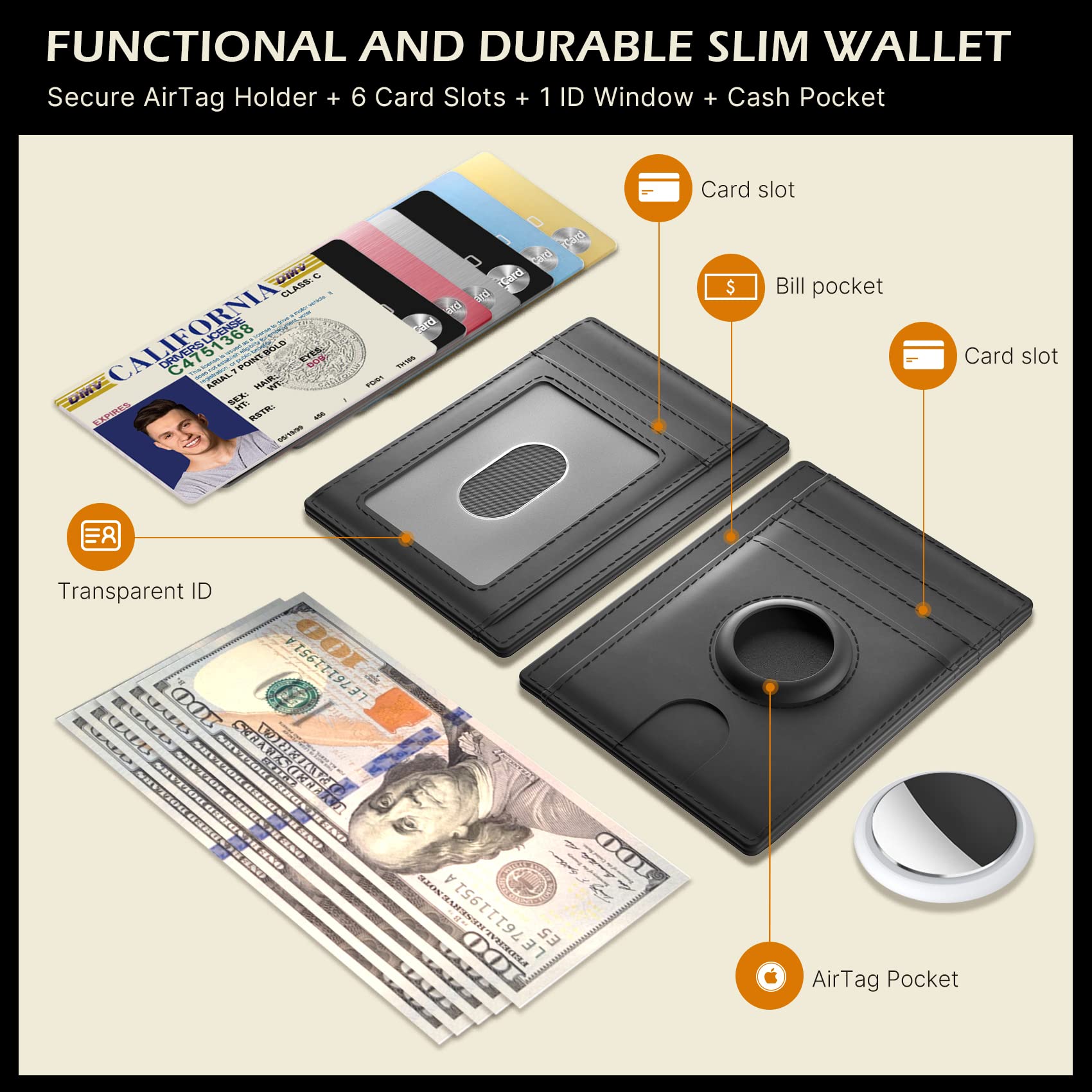 Slim Minimalist Airtag Card Wallet for Men Women RFID Blocking Cash Credit Card Holder