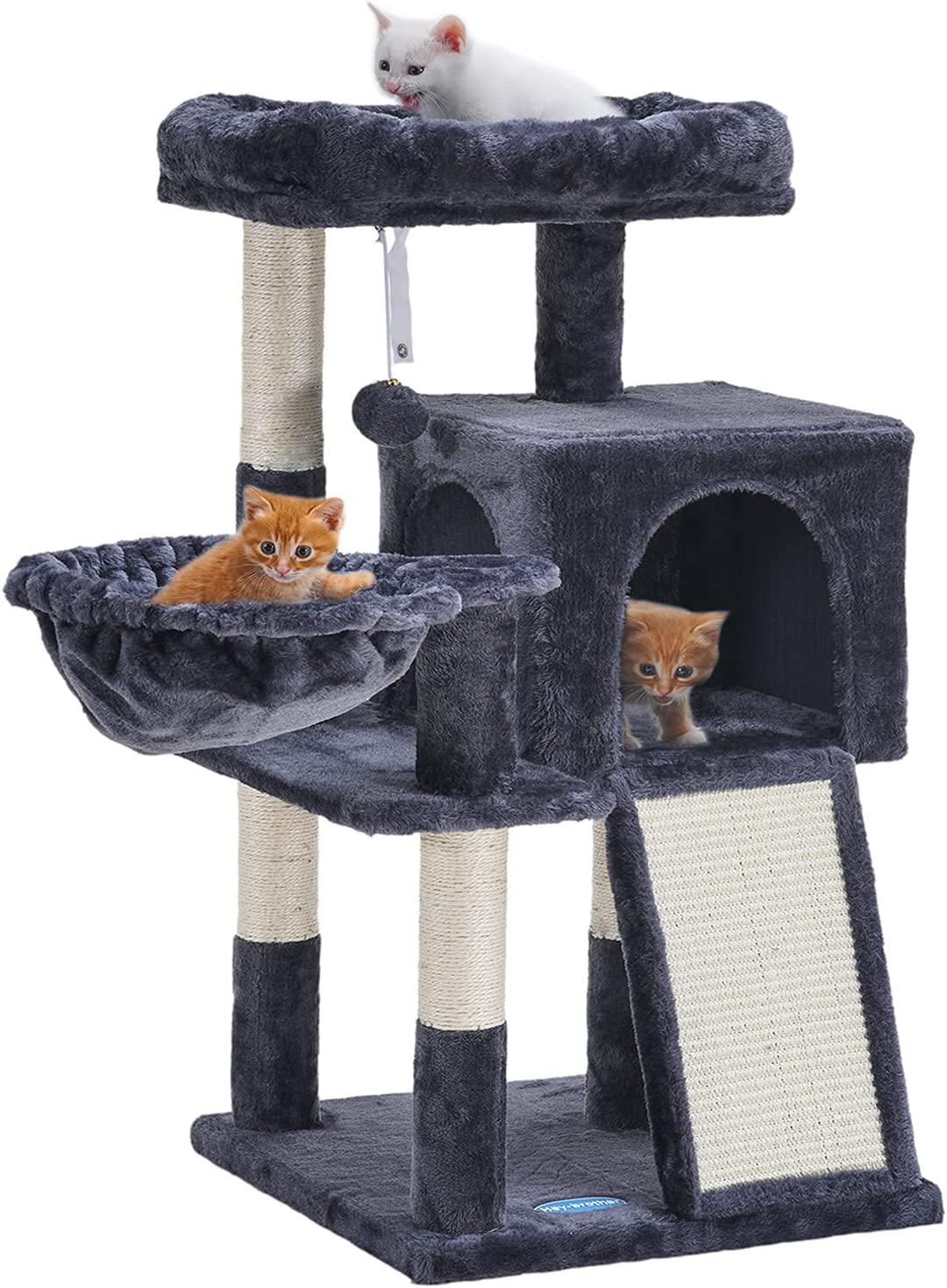 Cat Tree with Sisal Scratching Posts Cat Tower with Scratching Board Multi-Level Cat Condo with Basket,