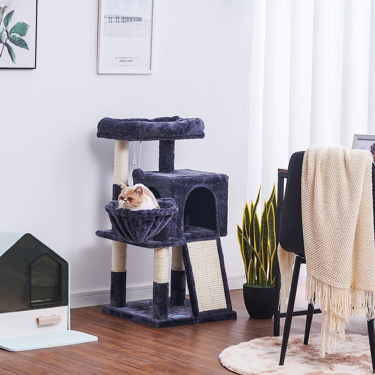 Cat Tree with Sisal Scratching Posts Cat Tower with Scratching Board Multi-Level Cat Condo with Basket,