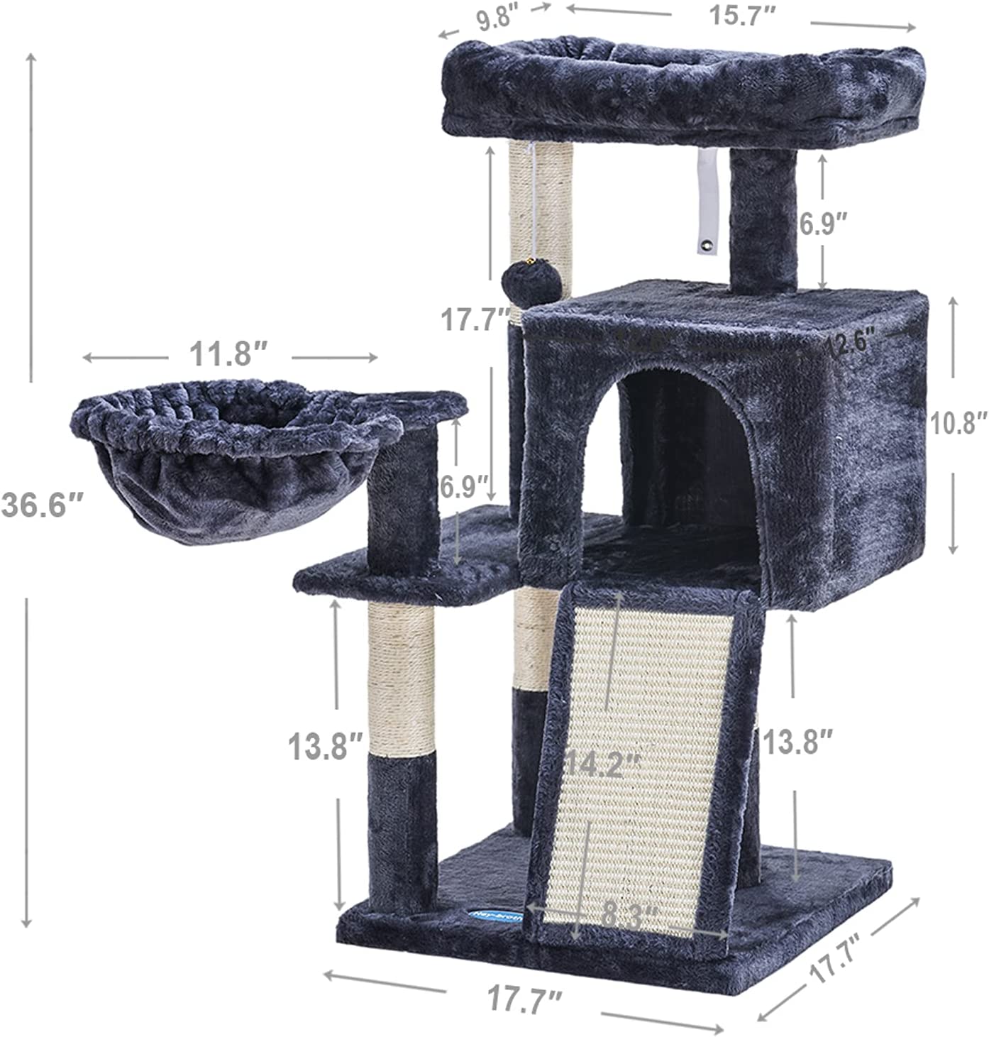 Cat Tree with Sisal Scratching Posts Cat Tower with Scratching Board Multi-Level Cat Condo with Basket,