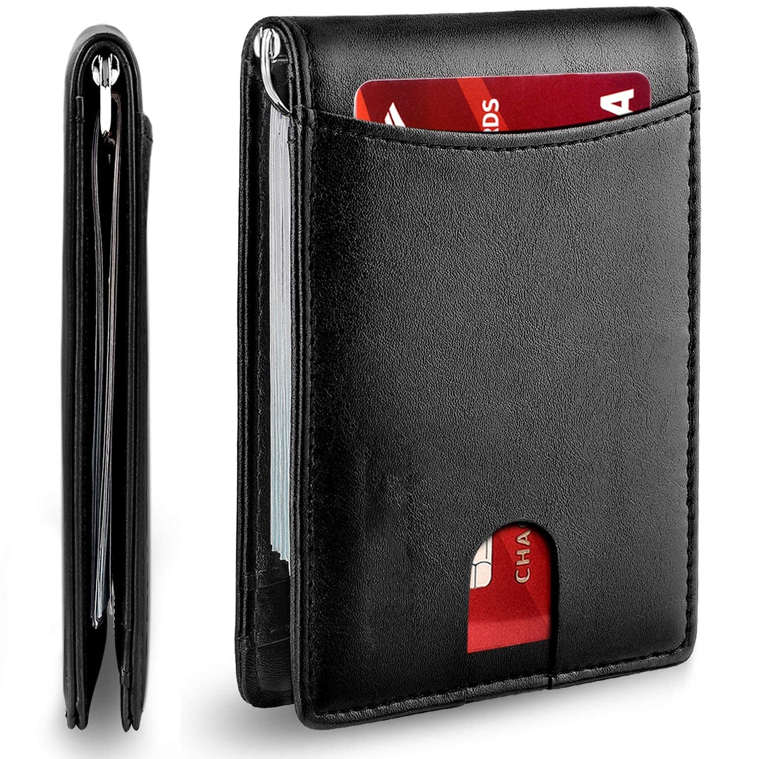 Leather Slim Wallet for Men with Money Credit Card Clip RFID Blocking Card Holder