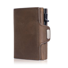 Pop-Up Card Case with RFID Protection Genuine Leather Wallet with Compartment for Notes and Coins