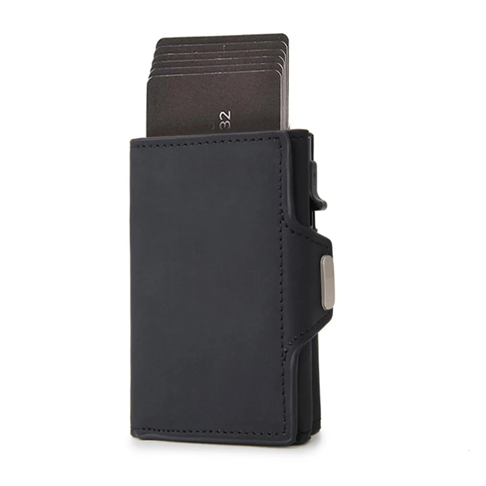 Pop-Up Card Case with RFID Protection Genuine Leather Wallet with Compartment for Notes and Coins