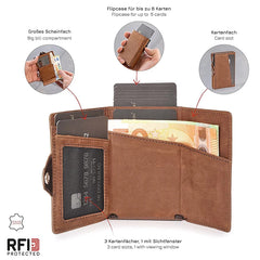 Pop-Up Card Case with RFID Protection Genuine Leather Wallet with Compartment for Notes and Coins